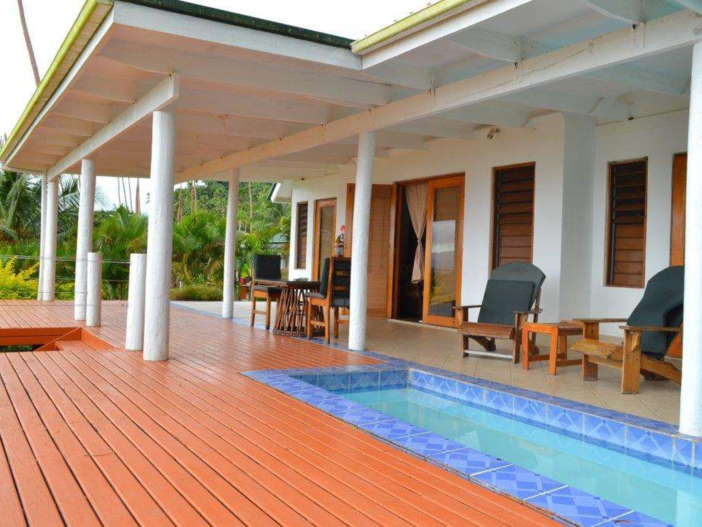 The pool deck of a Bayview Garden Villa at Daku Resort, Savusavu.