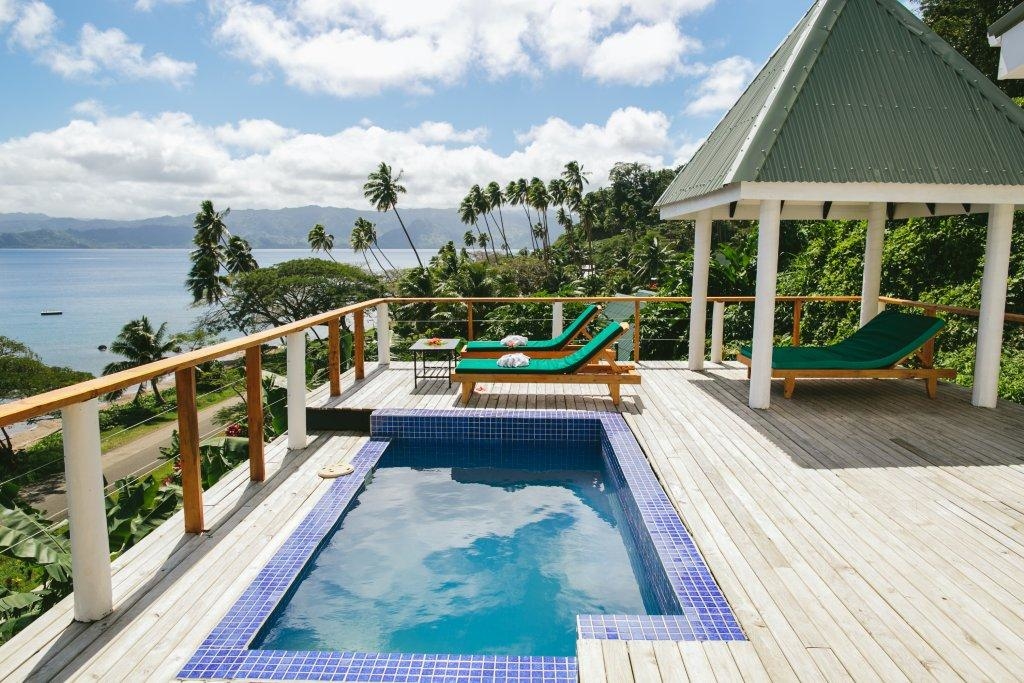 The pool deck of a Bayview Heights Villa at Daku Resort, Savusavu.
