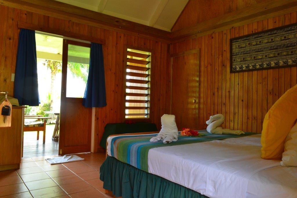 The bedroom of a standard bure at Daku Resort, Savusavu.