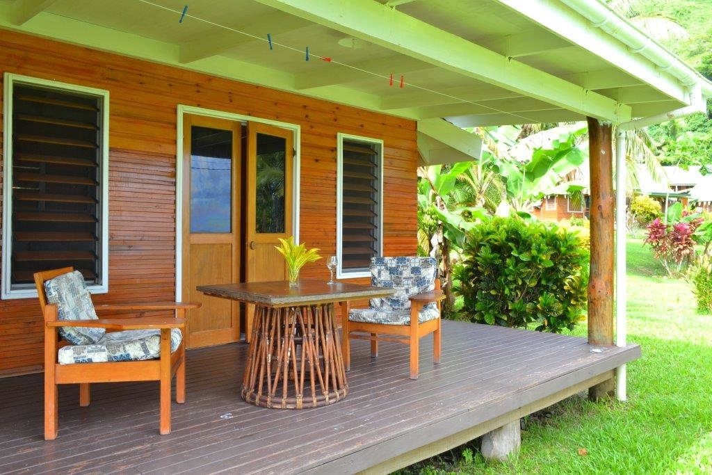 The deck of a standard bure at Daku Resort, Savusavu.