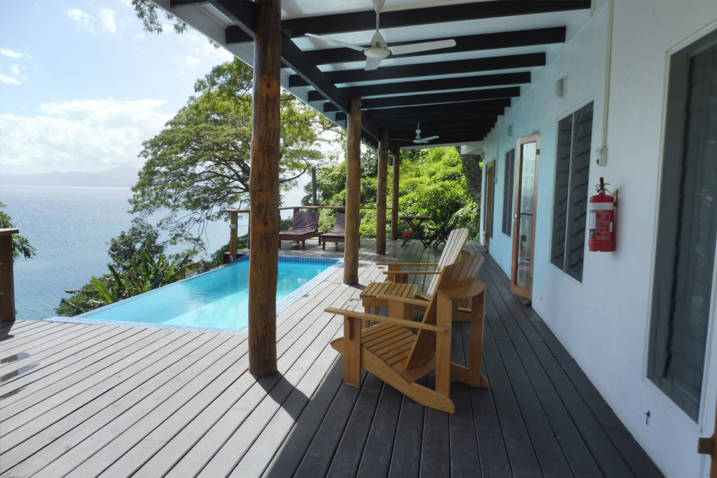 The pool deck of the Infinity Villa at Daku Resort, Savusavu.