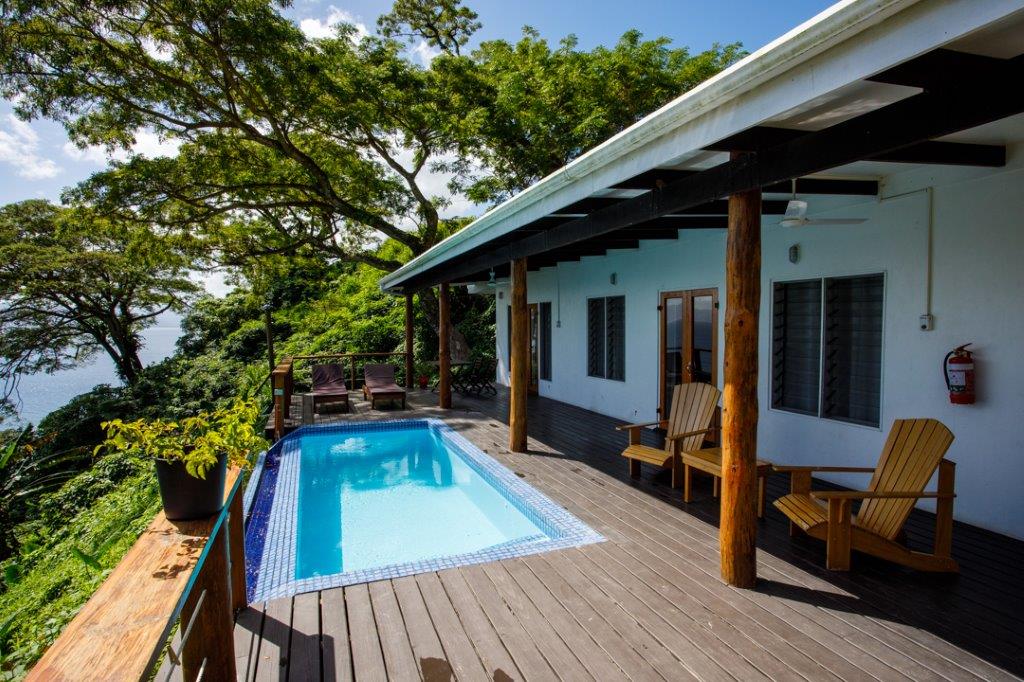 The pool deck of the Infinity Villa at Daku Resort, Savusavu.