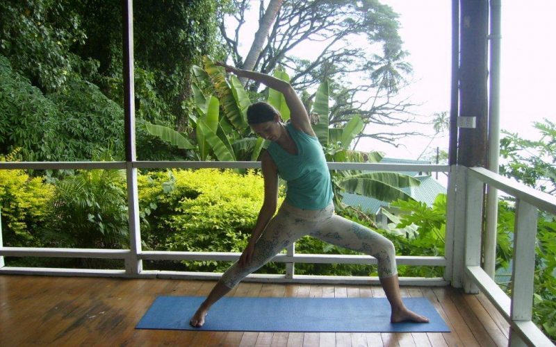 Donna Gianniotis leads a yoga class on the deck at Daku Resort, Savusavu.