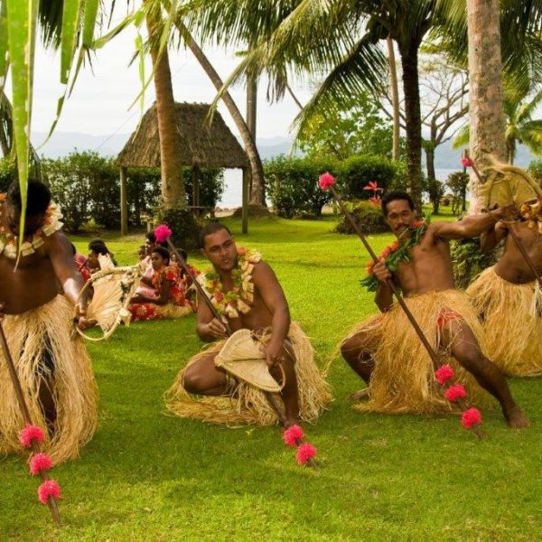 A group of Fijian warriors perform a traditional dance at Daku Resort, Savusavu.